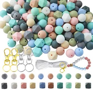 Silicone Beads, 150pcs Silicone Beads Bulk Round Bead 15mm Hexagon Silicone Beads 14mm for Jewelry Making Large Beads with Lanyard & Key Chain Ring for Keychain Making (15MM Macaron)