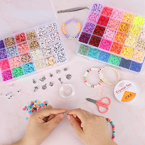 QUEFE 13000pcs, 60 Colors, Clay Beads for Bracelet Making Kit, Flat Round Polymer Heishi Beads with Letter Beads for DIY Craft Gifts, Necklace Jewelry Making, Set for Girls 8-12