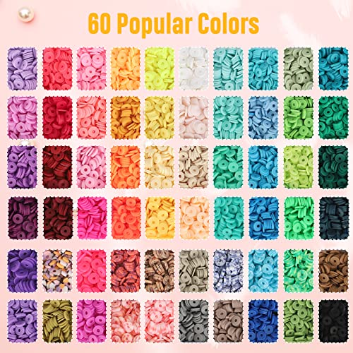 QUEFE 13000pcs, 60 Colors, Clay Beads for Bracelet Making Kit, Flat Round Polymer Heishi Beads with Letter Beads for DIY Craft Gifts, Necklace Jewelry Making, Set for Girls 8-12