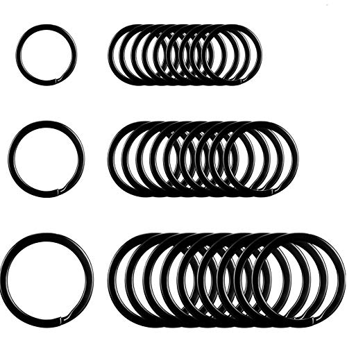 Round Flat Key Rings Key Chain Small Metal Split Ring for Home Car Keys Organization, 30 Pieces (Black, 3/4 Inch, 1 Inch and 1.25 Inch)