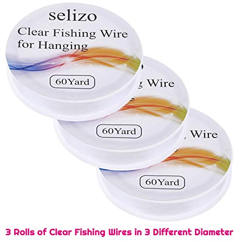 Fishing Wire, Selizo 3Pcs Clear Fishing Line Jewelry String Invisible Nylon Thread for Hanging Decorations, Beading and Crafts (3 Sizes, 60 Yards per Roll)