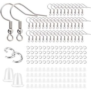 stainless steel earring hooks french ear wire, 600pcs earring making findings parts jewels diy supplies kits, with silicone earring backs stoppers & open jump ring