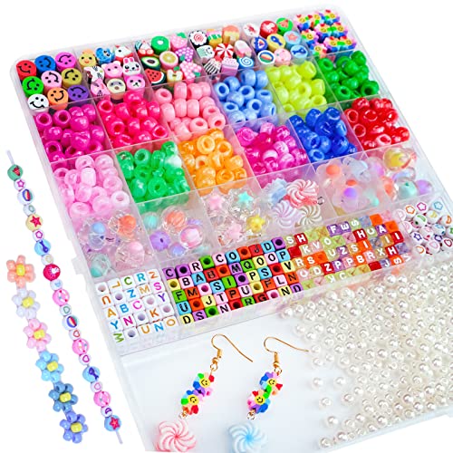 MontoSun Bead Bracelet Making Kit Pony Beads Polymer Clay Beads for Bracelets Making Charms Beads Flower Smiley Letter Beads for Jewelry Making DIY Art and Crafts Gifts for Girls age 4 5 6 7 8 9 10-12