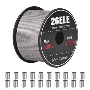 26ele picture hanging wire 50lb, heavy duty stainless steel wire rope for hanging picture frame mirror and wall art, strong metal wire 100feet with 20pcs aluminum crimping sleeves