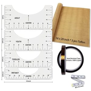 T-Shirt Alignment Ruler Heat Resistant Tape 10mm X 33m 108ft, PTFE Teflon Transfer Sheet 16 x 20" - 4 Rulers, 2 Rolls Heat Resistant Tape, 3 Packs PTFE Teflon Sheet and 1 Tape Measure Included