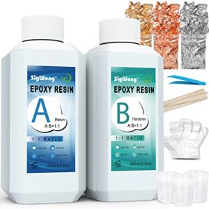 Epoxy Resin Clear Crystal Coating Kit 17.6oz - 2 Part Casting Resin for Art, Craft, Jewelry Making, River Tables, Bonus Gloves, Measuring Cup, Wooden Sticks, Gold Foil Flakes and Tweezers