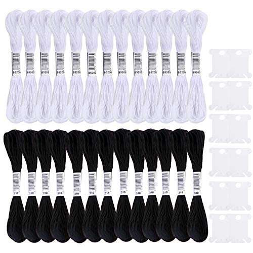 Cldamecy Embroidery Floss,13 Skeins White & 13 Skeins Black Embroidery Threads for Cross Stitch,Friendship Bracelets String,and DIY Art Craft ,with 10 PCS Floss Bobbins