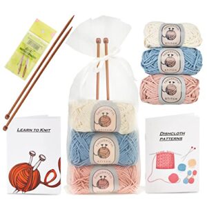 knitting kits for beginners adults – 6 pcs knitting needle set with 100% cotton yarn – make your own dishcloth craft kits for adults – includes bamboo knitting needles and yarn needle – fantastic gift