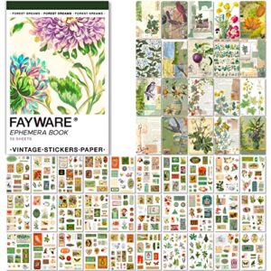 fayware washi vintage stickers for scrapbooking – ephemera sticker book for journaling with 453 botanical stickers and 20 scrapbook papers. ephemera for junk journals, journaling supplies for adults