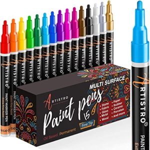 artistro paint pens for rock painting, stone, ceramic, glass, wood, plastic, mugs, metal, fabric, canvas. set of 15 quick dry, permanent, waterproof and oil based paint markers fine tip