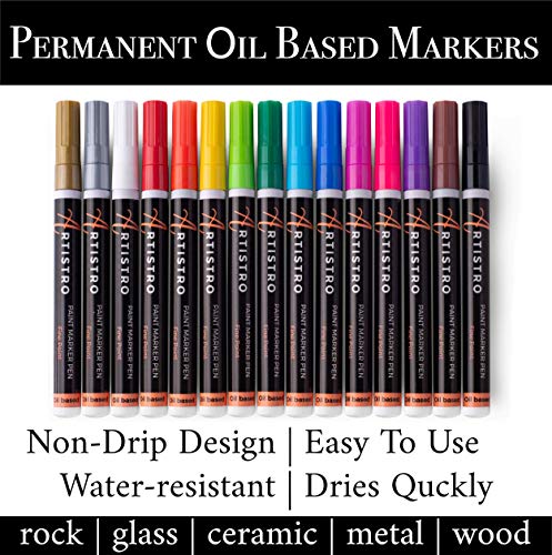 ARTISTRO Paint Pens for Rock Painting, Stone, Ceramic, Glass, Wood, Plastic, Mugs, Metal, Fabric, Canvas. Set of 15 Quick Dry, Permanent, Waterproof and Oil Based Paint Markers Fine Tip