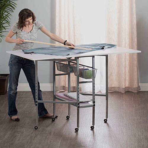 Studio Designs Sew Ready Mobile Height Adjustable Hobby and Craft Cutting Table with Drawers in Silver/White (13374)