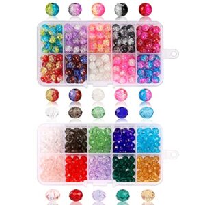 quefe 400pcs 8mm glass beads for jewelry making bracelets including 200pcs faceted crystal glass beads and 200pcs crackle lampwork glass round beads assorted colors(2 box)