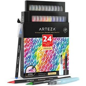 arteza real brush pens, 24 colors for watercolor painting with flexible nylon brush tips, paint markers for coloring, calligraphy and drawing with water brush for artists and beginner painters