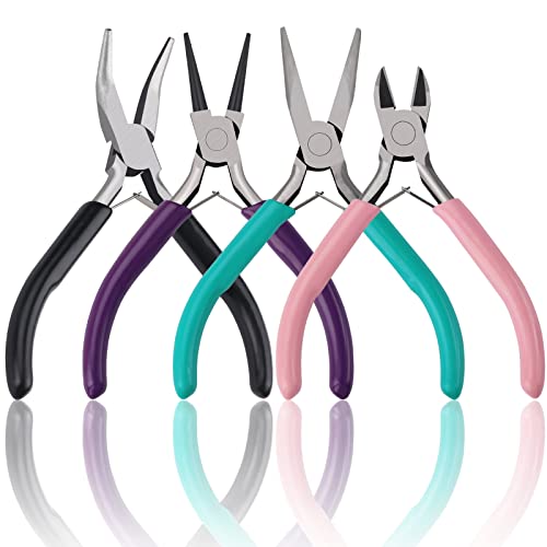 4 Pack Jewelry Pliers Jewelry Making Pliers Tools Kit with Needle Nose Pliers/ Chain Nose Pliers, Round Nose Pliers, Bent Nose Pliers, Wire Cutters for Wire Wrapping Earring Craft Making Supplies