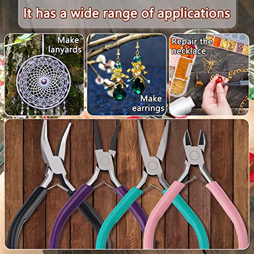 4 Pack Jewelry Pliers Jewelry Making Pliers Tools Kit with Needle Nose Pliers/ Chain Nose Pliers, Round Nose Pliers, Bent Nose Pliers, Wire Cutters for Wire Wrapping Earring Craft Making Supplies