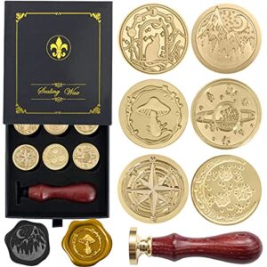 wax seal stamp gift box set, 6 pcs sealing wax stamps copper seals 1 wooden hilt, wax stamp kit for cards envelopes, gift packaging (vast universe series)