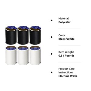 6 Pack Bundle - (3 Black + 3 White) - Coats & Clark Dual Duty All-Purpose Thread - Three 400 Yard Spools each of BLACK & White