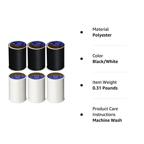 6 Pack Bundle - (3 Black + 3 White) - Coats & Clark Dual Duty All-Purpose Thread - Three 400 Yard Spools each of BLACK & White