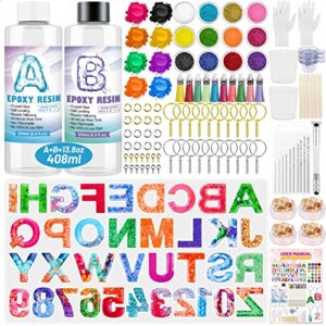 thrilez alphabet resin molds kit with alphabet silicone molds, epoxy resin, mica powder, glitter, foil flakes, tassels, keychains, jump rings and pin vis for resin keychain making