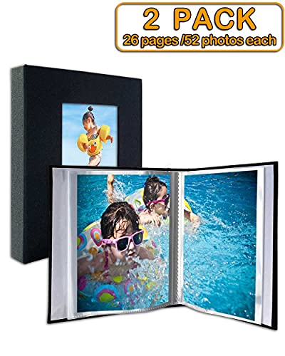 Small Photo Album 4x6 – Clear Pages, Linen Cover with Front Window, Pack of 2, Each Small Album Holds 52 Photos, Small Brag Book Photo Album for 4x6 Pictures, Black Fabric