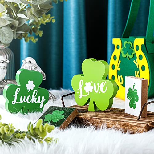 4 Pcs St. Patrick's Day Table Sign Decoration Green Shamrock Lucky Sign Wooden Saint Patrick's Day Tray Decor Centerpiece Irish Freestanding Decorative Plaques Cute Table Topper for Home Party Office