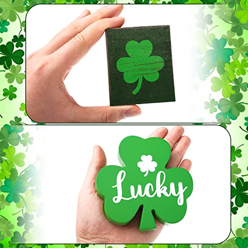 4 Pcs St. Patrick's Day Table Sign Decoration Green Shamrock Lucky Sign Wooden Saint Patrick's Day Tray Decor Centerpiece Irish Freestanding Decorative Plaques Cute Table Topper for Home Party Office