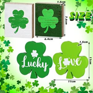 4 Pcs St. Patrick's Day Table Sign Decoration Green Shamrock Lucky Sign Wooden Saint Patrick's Day Tray Decor Centerpiece Irish Freestanding Decorative Plaques Cute Table Topper for Home Party Office