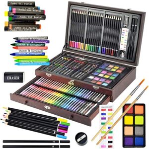 sunnyglade 145 piece deluxe art set, wooden art box & drawing kit with crayons, oil pastels, colored pencils, watercolor cakes, sketch pencils, paint brush, sharpener, eraser, color chart (cherry)