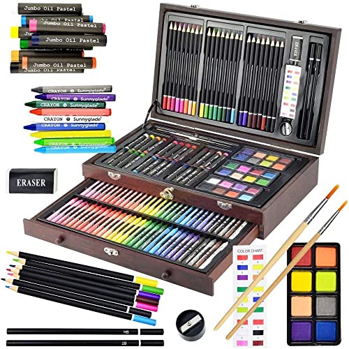 Sunnyglade 145 Piece Deluxe Art Set, Wooden Art Box & Drawing Kit with Crayons, Oil Pastels, Colored Pencils, Watercolor Cakes, Sketch Pencils, Paint Brush, Sharpener, Eraser, Color Chart (Cherry)