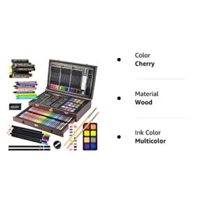 Sunnyglade 145 Piece Deluxe Art Set, Wooden Art Box & Drawing Kit with Crayons, Oil Pastels, Colored Pencils, Watercolor Cakes, Sketch Pencils, Paint Brush, Sharpener, Eraser, Color Chart (Cherry)