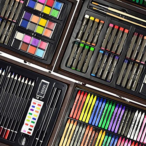Sunnyglade 145 Piece Deluxe Art Set, Wooden Art Box & Drawing Kit with Crayons, Oil Pastels, Colored Pencils, Watercolor Cakes, Sketch Pencils, Paint Brush, Sharpener, Eraser, Color Chart (Cherry)