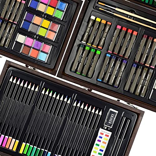 Sunnyglade 145 Piece Deluxe Art Set, Wooden Art Box & Drawing Kit with Crayons, Oil Pastels, Colored Pencils, Watercolor Cakes, Sketch Pencils, Paint Brush, Sharpener, Eraser, Color Chart (Cherry)