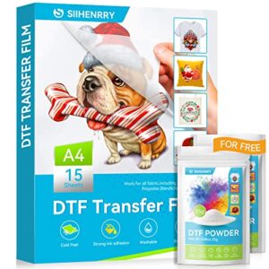 SIIHENRRY Premium DTF Transfer Film: A4 (8.3" x 11.7") 15 Sheets Matte PET Heat Transfer Paper for All DTF&DTG Printer Direct Print On T Shirts Textile