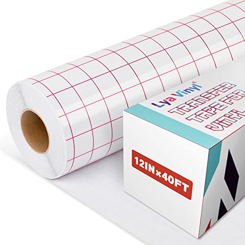 40FT Transfer Tape for Vinyl - Clear Vinyl Transfer Paper Tape Roll, 12” x 40 FT with 1/2 Red Grid Standard Tape for Cricut Adhesive Vinyl for Craft Decal, Mug Decal