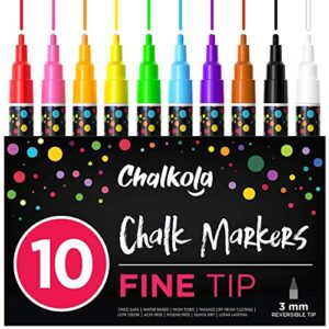 chalkola 10 fine tip liquid chalk markers for chalkboard signs, blackboard, window, labels, bistro, glass, car (10 pack 3mm) – wet wipe erasable ink chalk board markers, 3mm reversible tip chalk pens