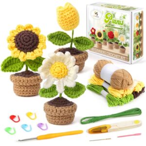 pp opount beginner crochet kit – 3 pcs potted plants, complete crochet kit for beginners, starter pack for adults and kids with step-by-step instructions and video tutorials