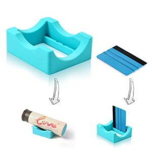 small silicone cup cradle for crafting,tumbler holder with built-in slot and felt edge squeegee, use to apply vinyl decals for mug beer can and glass bottle, anti-skidding display tumbler stand (cyan)