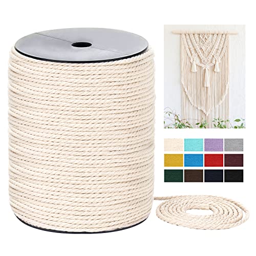 Macrame Cord 3mm x 328Yards(984Feet), Natural Cotton Macrame Rope - 3 Strands Twisted Macrame Cotton Cord for Wall Hanging, Plant Hangers, Crafts, Gift Wrapping and Wedding Decorations