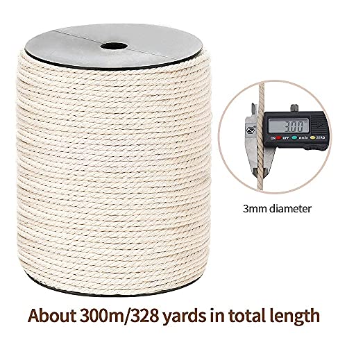 Macrame Cord 3mm x 328Yards(984Feet), Natural Cotton Macrame Rope - 3 Strands Twisted Macrame Cotton Cord for Wall Hanging, Plant Hangers, Crafts, Gift Wrapping and Wedding Decorations