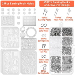 Resin Molds for Jewelry, Paxcoo 678pcs Earring Making Kit with 28pcs Earring Epoxy Molds and 650pcs Earring Hooks, Jump Rings for Resin Jewelry, Pendants, Resin Crafts, DIY Earring