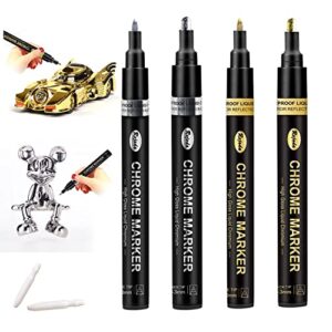 4pcs liquid mirror chrome marker set, diy silver & gold alcohol paint pump pens(1mm,3mm), double pack of both fine and medium tip paint markers for on any surface, get 2 replaceable nibs 2mm free