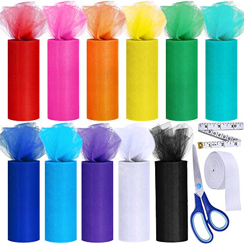 11 Colors Rainbow Tulle Rolls Tulle Netting Rolls Tulle Fabric Spool Ribbon 6" by 25 Yards/Spool and Sewing Scissor Measuring Tape Knit Elastic Spool for Table Skirt Rainbow Party Tulle Skirt