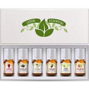 fragrance oils set of 6 scented oils from good essential- apple oil, chocolate oil, coconut oil, french vanilla oil, peach oil, cupcake oil: aromatherapy, perfume, soaps, candles, slime, lotions!