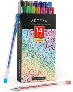 arteza glitter gel pens with triangular grip, 14 colors – 0.8-1.0 mm tips, bright and vivid ink, art supplies for scrapbooking, doodling, & journaling