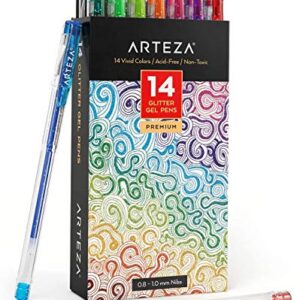 ARTEZA Glitter Gel Pens with Triangular Grip, 14 Colors - 0.8-1.0 mm Tips, Bright and Vivid Ink, Art Supplies for Scrapbooking, Doodling, & Journaling