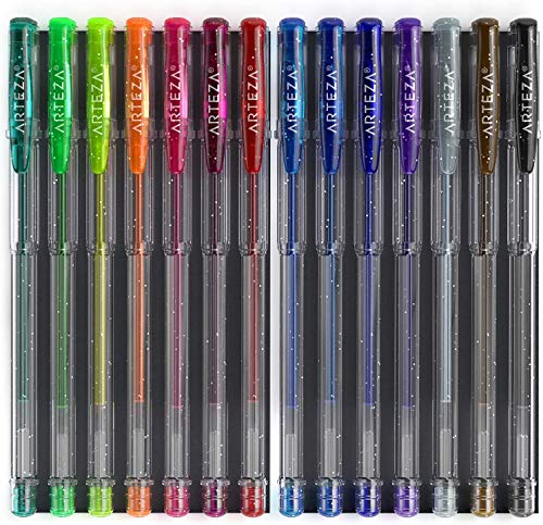 ARTEZA Glitter Gel Pens with Triangular Grip, 14 Colors - 0.8-1.0 mm Tips, Bright and Vivid Ink, Art Supplies for Scrapbooking, Doodling, & Journaling