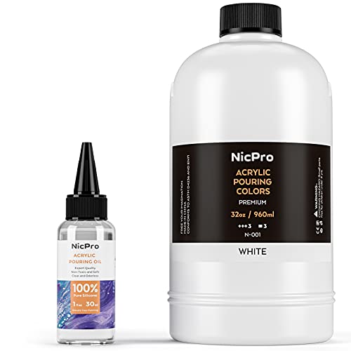 Nicpro Titanium White Color Acrylic Pour Paint, 32 Ounce Pre-Mixed Pouring Paint Supplies with Silicone Pour Oil & Gloves for Canvas, Rock, Wood Cell Creation Flow DIY Art Painting, Ready to Pour