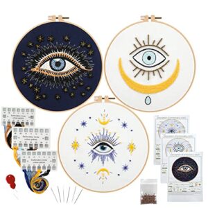 anidaroel 3 sets evil eye embroidery starters kit for beginners, stamped cross stitch kits for beginners adults include embroidery cloth, embroidery hoops, threads and needles