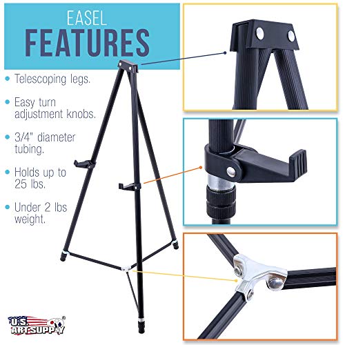 U.S. Art Supply 66" High Showroom Black Aluminum Display Easel and Presentation Stand - Large Adjustable Height Portable Tripod, Holds 25 lbs - Floor and Tabletop, Display Paintings, Signs, Posters